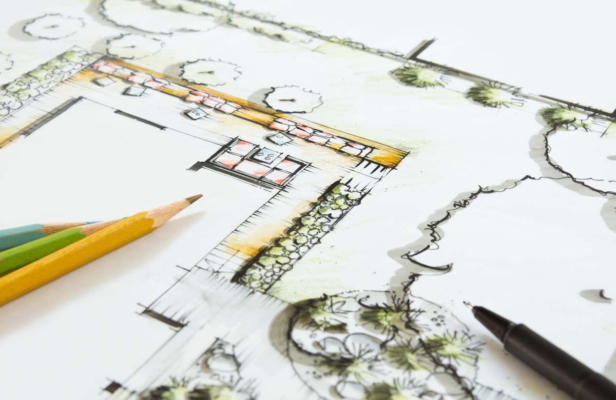 Skizze für eine Gartenplanung zur Beratung und Planung als Beispiel unserer Leistungen.