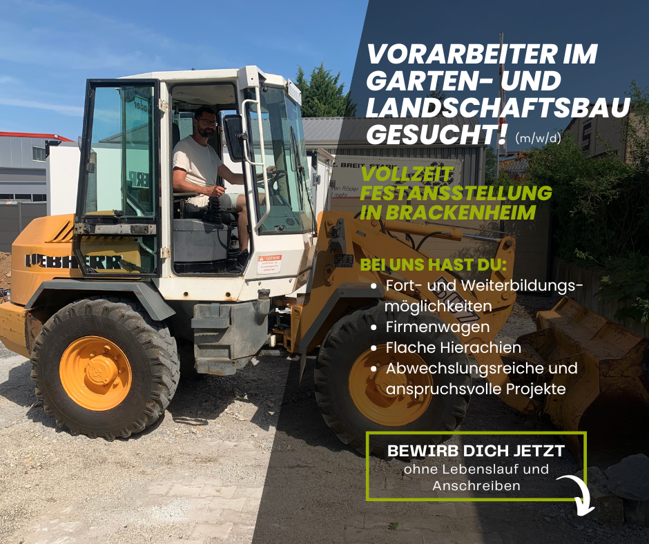 Stellenauschreibung für einen Vorarbeiter im Garten- und Landschaftsbau. mit INformationen zu den Benefitzs und wie man sich bewerben kann. Im Hintergrund ist ein Bagger zu sehen mit Florian Wagner am Steuer.