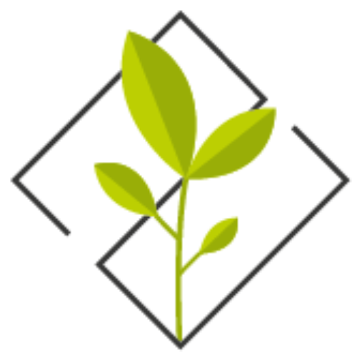 Icon aus Logo: grüne, zarte Pflanze mit vier Blättern in einem schwarzen Rahmen