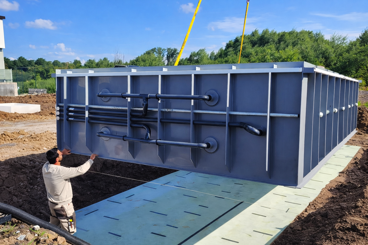 Poolbau bei Ludwigsburg: Ein rechteckiges neues Schwimmbad mit hellbraunen Betonkanten im eingezäunten Hinterhof eines Neubauhauses