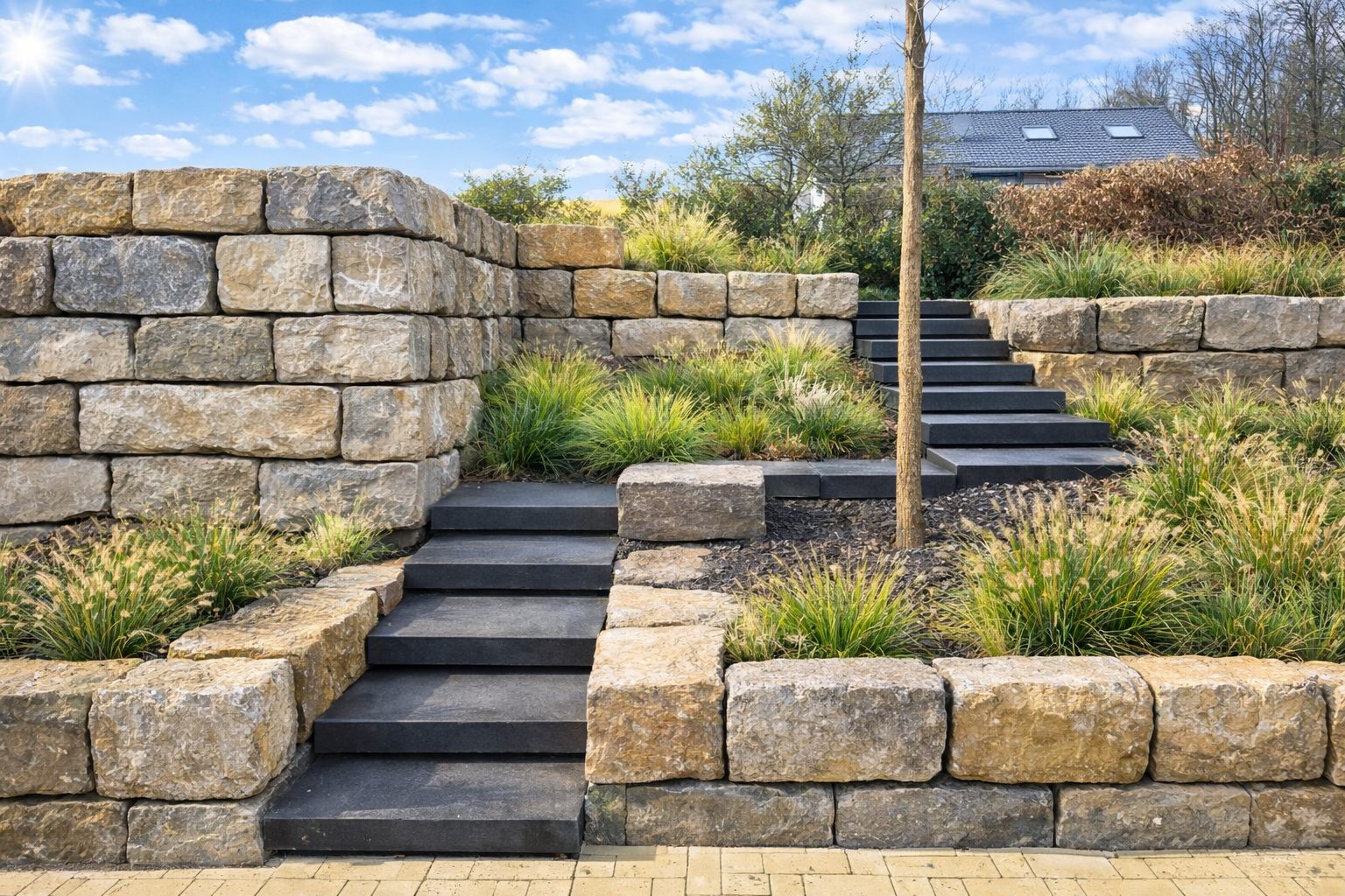 Mauer aus Naturstein für Kellertreppenaufgang 