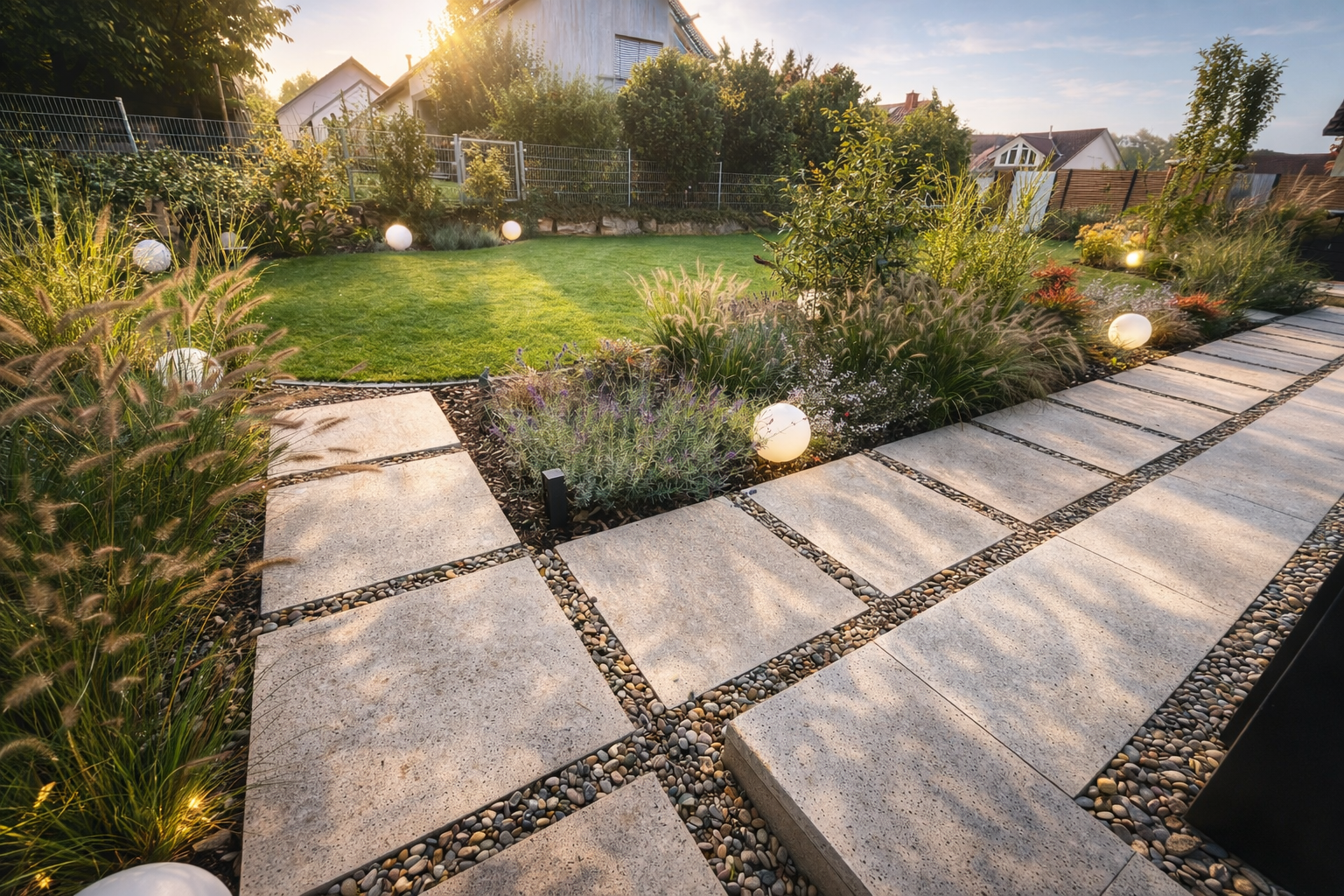 Schöner Garten mit Schrittplatten, Rasenfläche, Bepflanzung mit Sträuchern und Beleuchtung