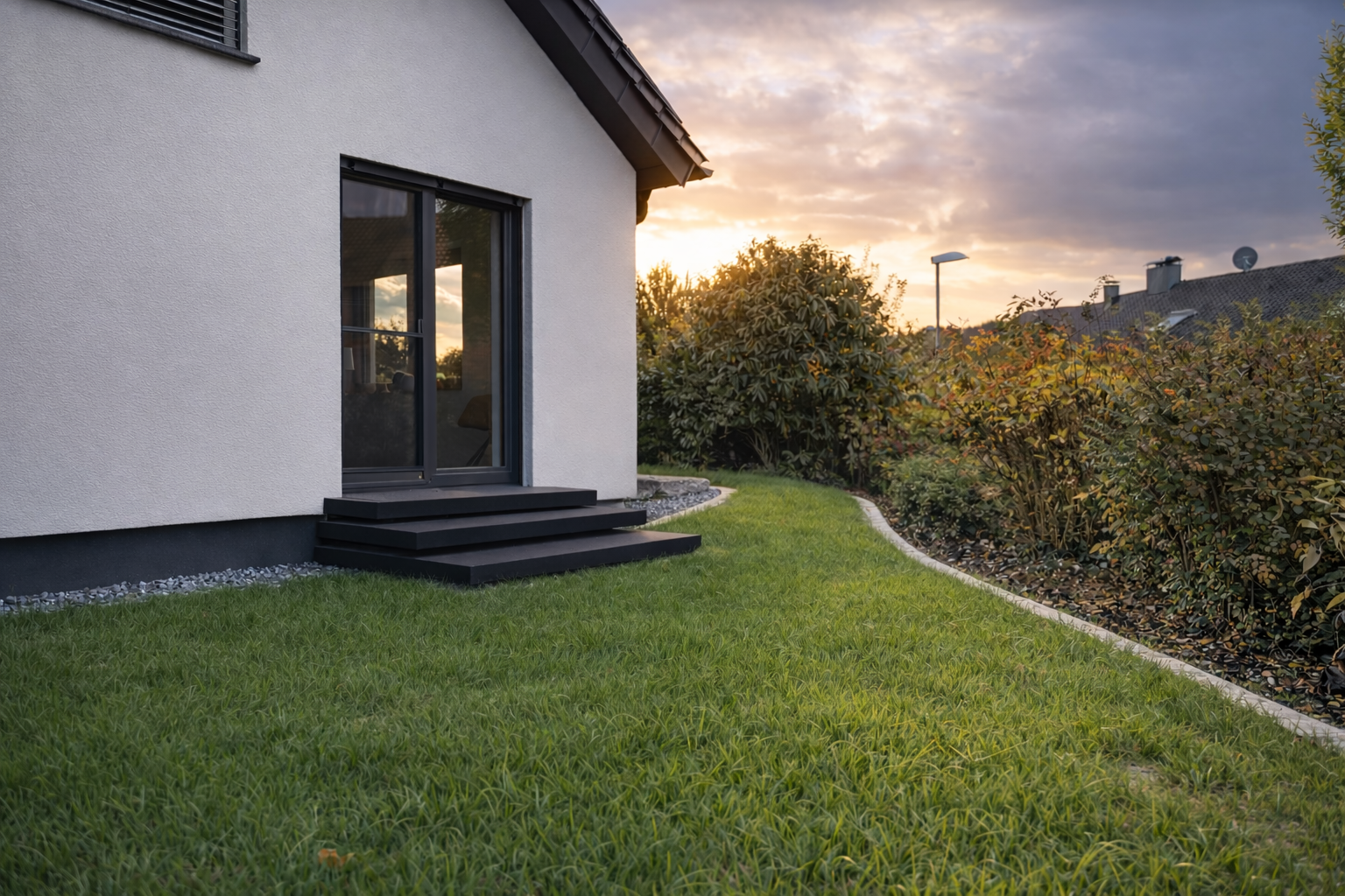 Anthrazitfarbene schwebende Treppe zur Eingangstür hinter Blumenbeet