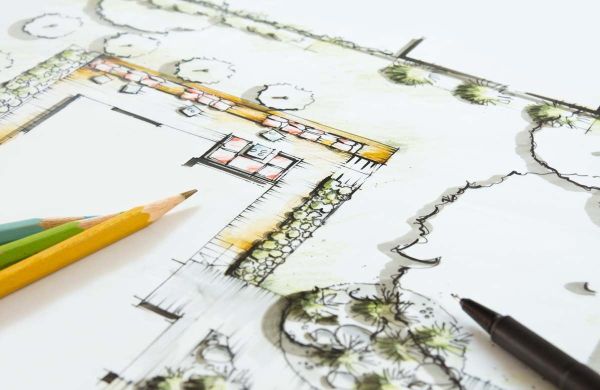Gartenplanung 2D/3D Handgezeichneter Gartenplan mit Bleistiften, Grundriss, Wegen, Pflanzflächen und Gestaltungselementen