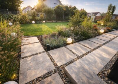 Hochwertig gestalteter Garten mit großen Trittplatten, Kiesfugen, Gräsern, Beleuchtung und Rasenfläche bei Abendsonne