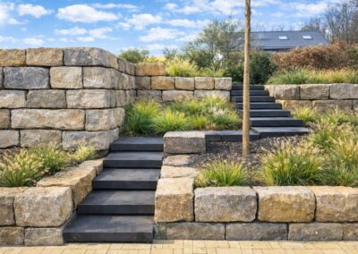 Exklusive Hanggartengestaltung mit Natursteinmauern, modernen Stufenanlagen und Gräserbepflanzung