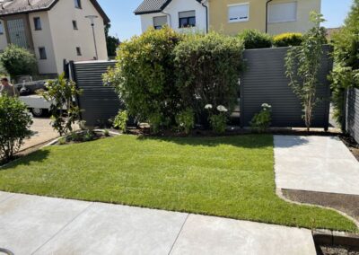 Moderner Garten mit Rasenfläche, hellen Terrassenplatten, Sichtschutz und strukturierter Bepflanzung