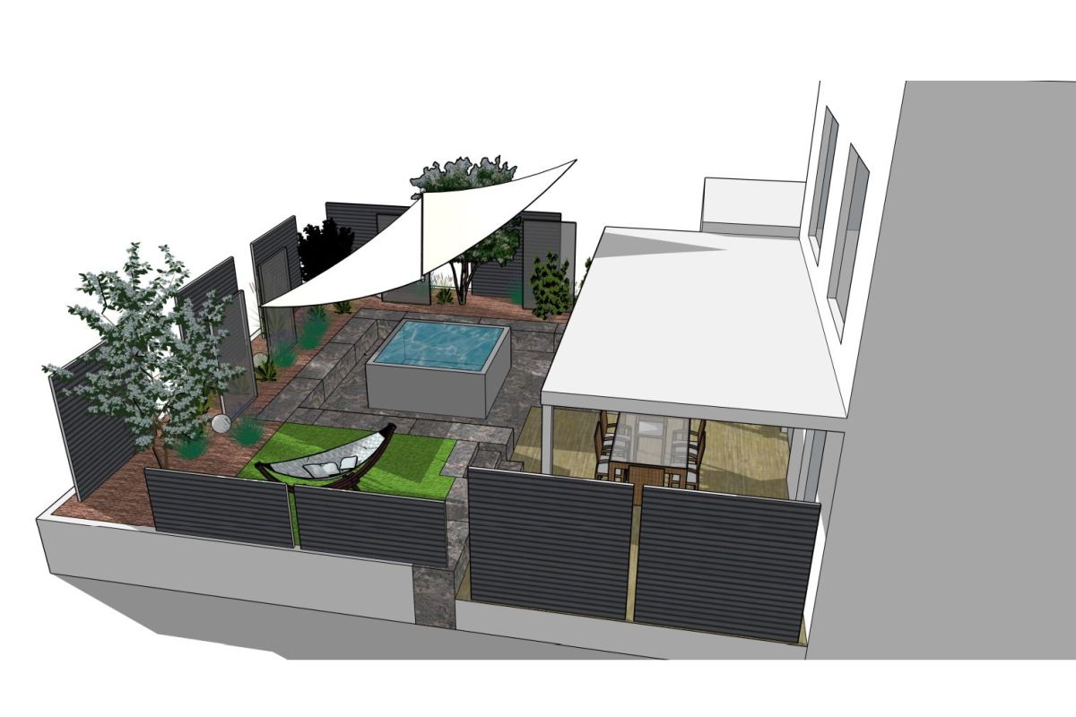 3D-Visualisierung Umbau eines bestehenden Gartens mit Whirlpool, Terrasse und Sichtschutz 3D-Gartenplanung für den Umbau eines bestehenden Gartens mit Whirlpool, Terrasse, Sichtschutzelementen, Pflanzflächen und modernem Außenbereich