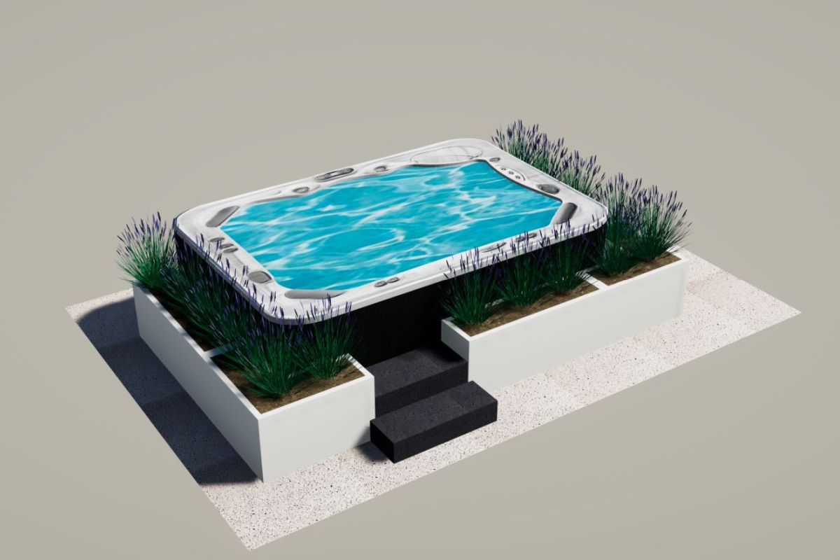 3D-Planung für Whirlpooleinbau mit Bepflanzungskonzept 3D-Visualisierung eines geplanten Poolbereichs mit Becken, Stufenanlage, Kiesfläche, Hochbeeten und Gräserbepflanzung