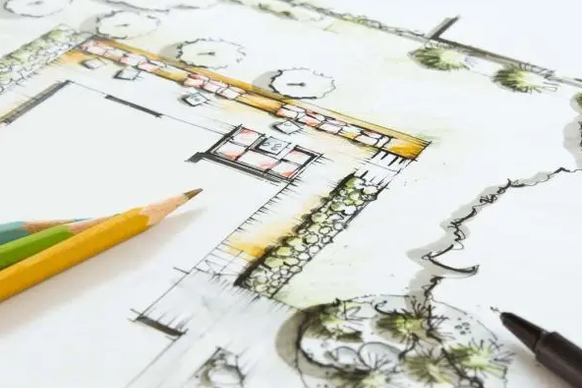 Gartenentwurf mit klarer Gestaltungsidee Handgezeichneter Gartenplan mit Bleistiften, Grundriss, Wegen, Pflanzflächen und Gestaltungselementen