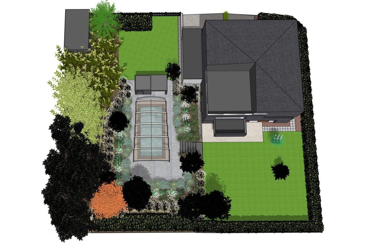 3D-Visualisierung eines Gartenkonzepts mit Pool und Poolhaus (1) 3D-Ansicht eines geplanten Gartens mit Pool, Poolüberdachung, Poolhaus, Terrasse, Rasenfläche und Bepflanzung