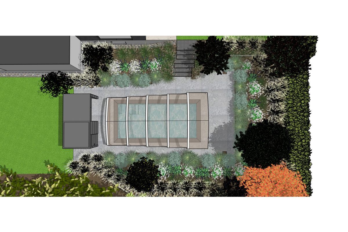 3D-Visualisierung eines Gartenkonzepts mit Pool und Poolhaus (2) 3D-Draufsicht eines geplanten Gartens mit Pool, Poolüberdachung, Poolhaus, Terrasse, Rasenfläche und Bepflanzung