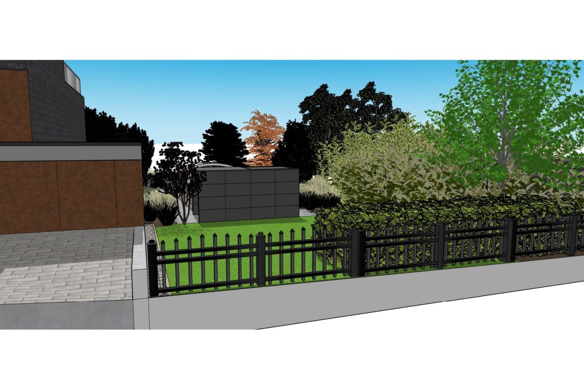 3D-Visualisierung eines Gartenkonzepts mit Pool, Überdachung und Poolhaus