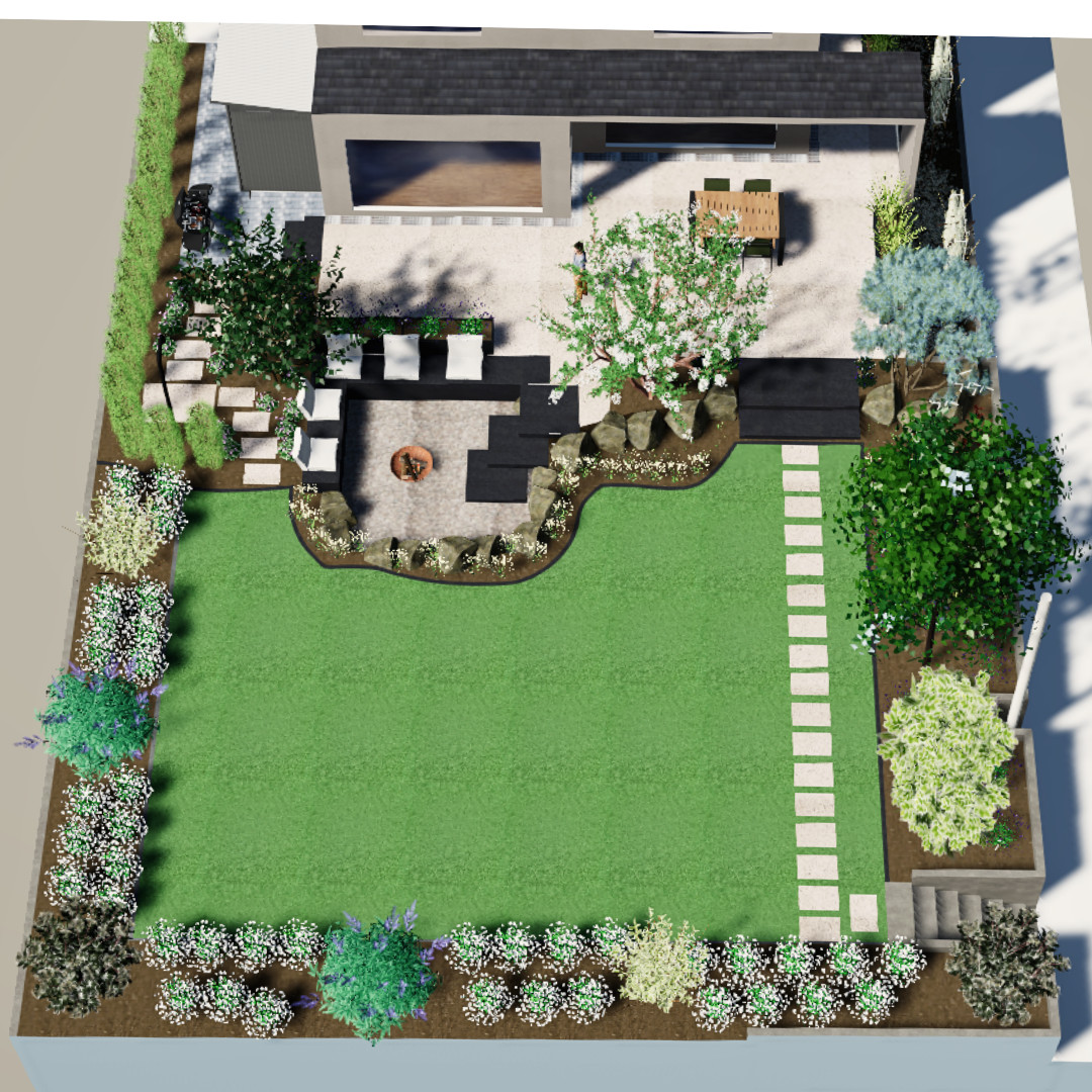 Digitale Gartenplanung für Neuanlage mit abgesenktem Sitzbereich 3D-Visualisierung einer Gartenneuanlage mit Rasenfläche, Terrasse, Sitzbereich mit Feuerstelle, Pflanzbeeten und modernem Hausgarten