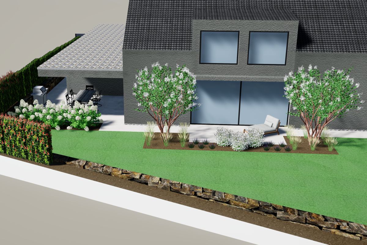 3D-Gartenplanung/-Konzept für Neuanlage 3D-Gartenplanung für einen Neubau mit Terrasse, Rasenfläche, blühenden Pflanzbeeten, Zierbäumen und natürlichem Sichtschutz durch Hecken und Bepflanzung