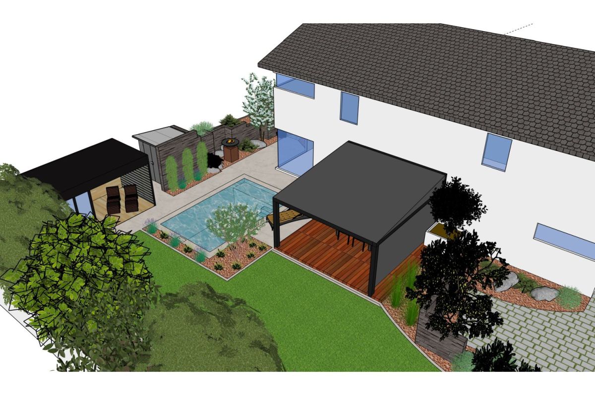3D-Planung für den Umbau eines bestehenden Gartens mit Pool und Terrasse (2) 3D-Visualisierung eines bestehenden Gartens nach dem Umbau mit neu integriertem Pool, Terrasse, Sitzbereich und Bepflanzung