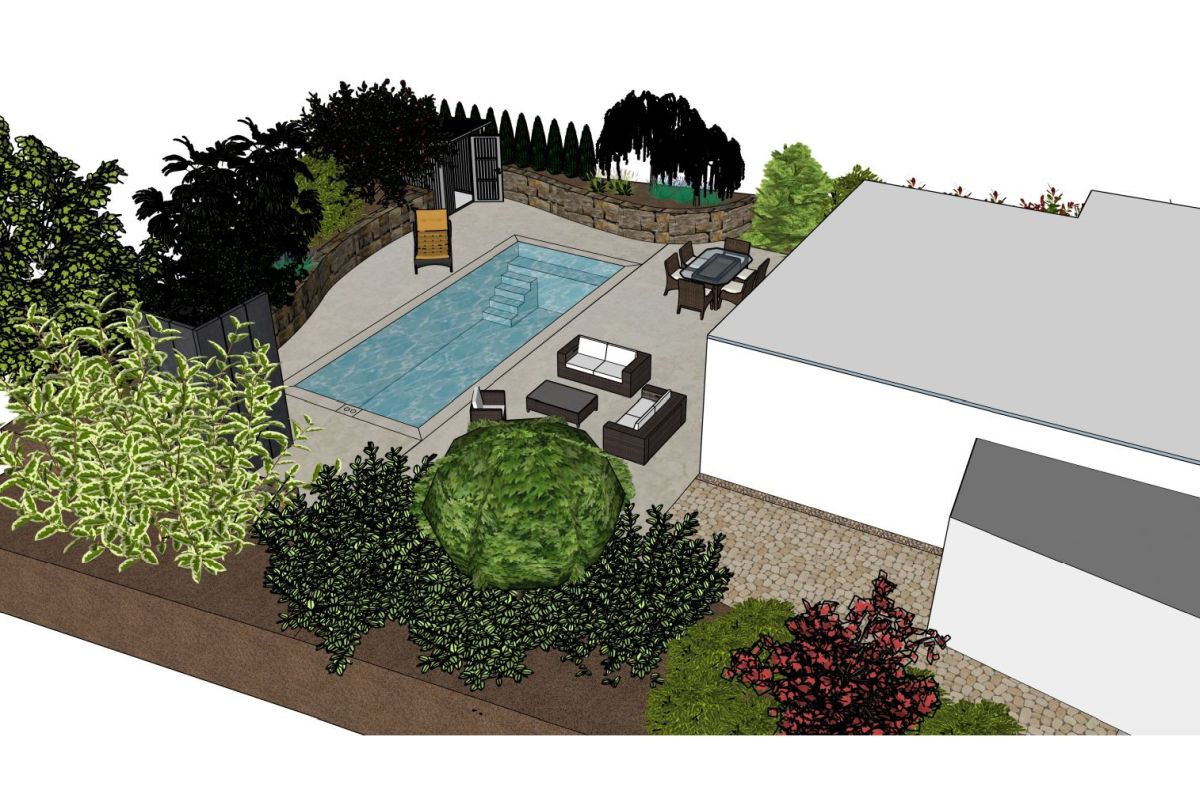 3D-Planung für den Umbau eines bestehenden Gartens mit Pool und Terrasse (1) 3D-Visualisierung eines bestehenden Gartens nach dem Umbau mit neu integriertem Pool, Terrasse, Sitzbereich und Bepflanzung