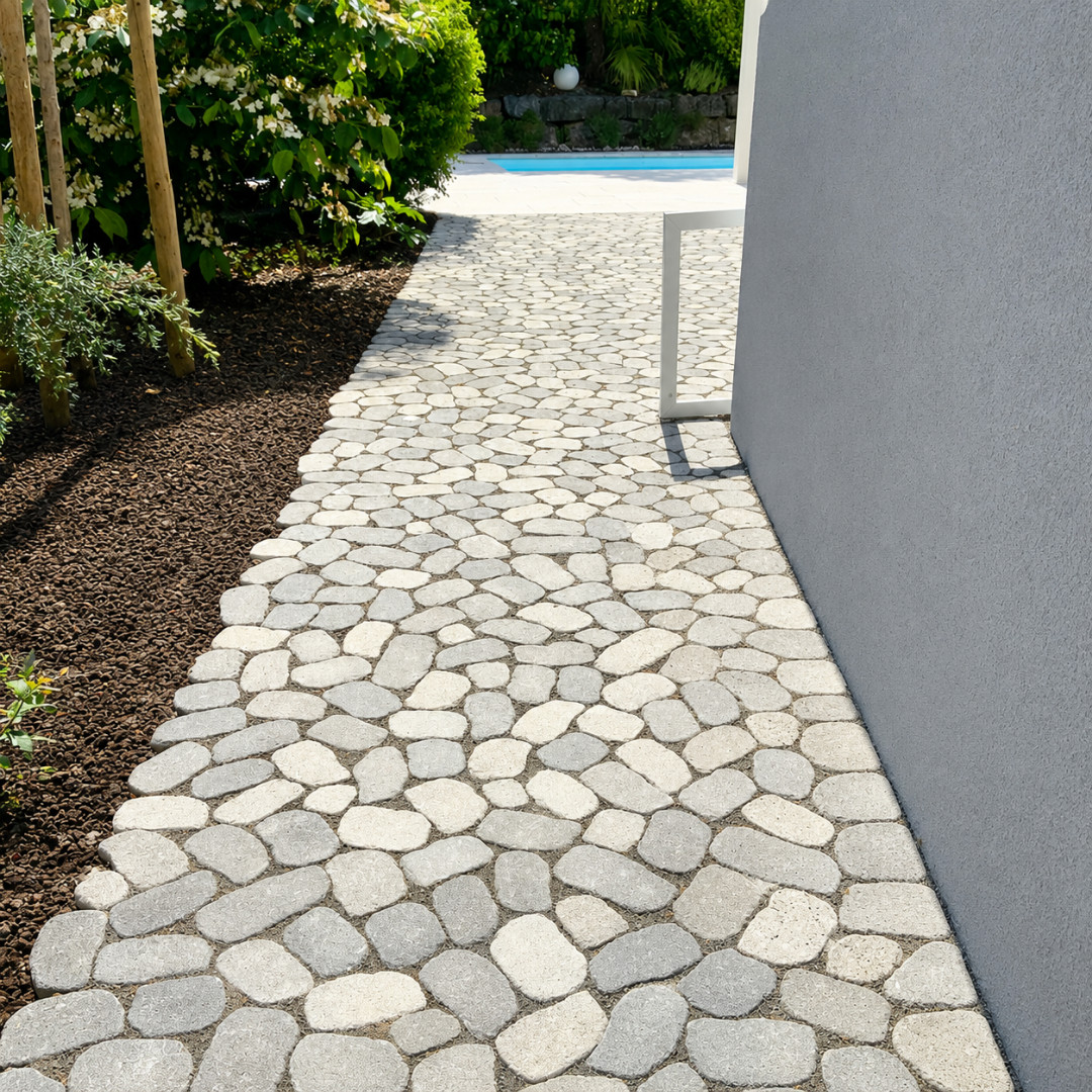 Wasser, Licht und Gartenruhe - Einladender Weg in den Poolgarten Pflasterweg aus hellen und grauen Steinen entlang des Wohnhauses mit Pflanzbeet und Poolbereich im Hintergrund
