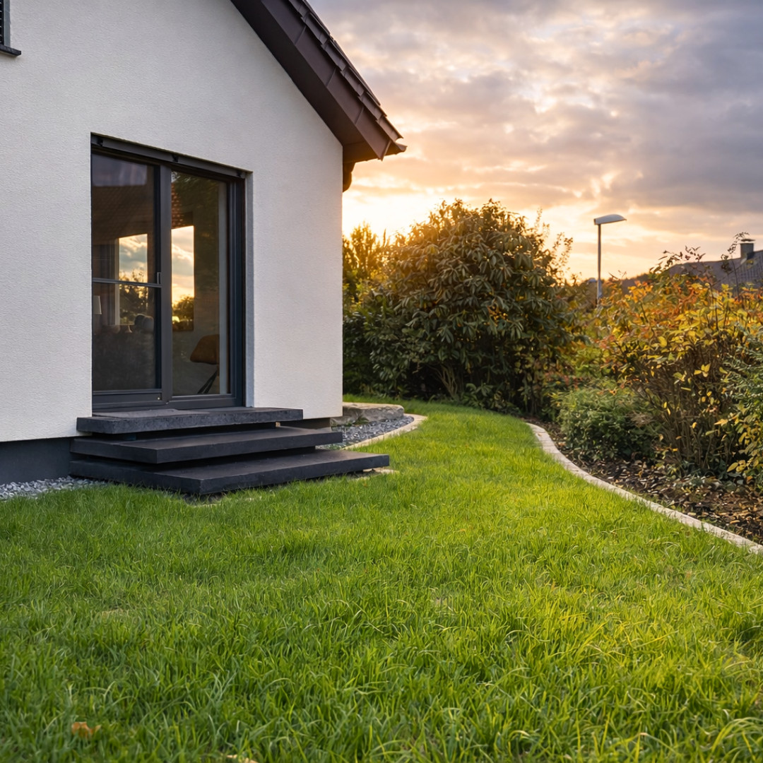 Schwebende Treppen im Gartenbereich Garten am Wohnhaus mit Rasenfläche, moderner Stufenanlage, geschwungener Beetkante und Abendsonne