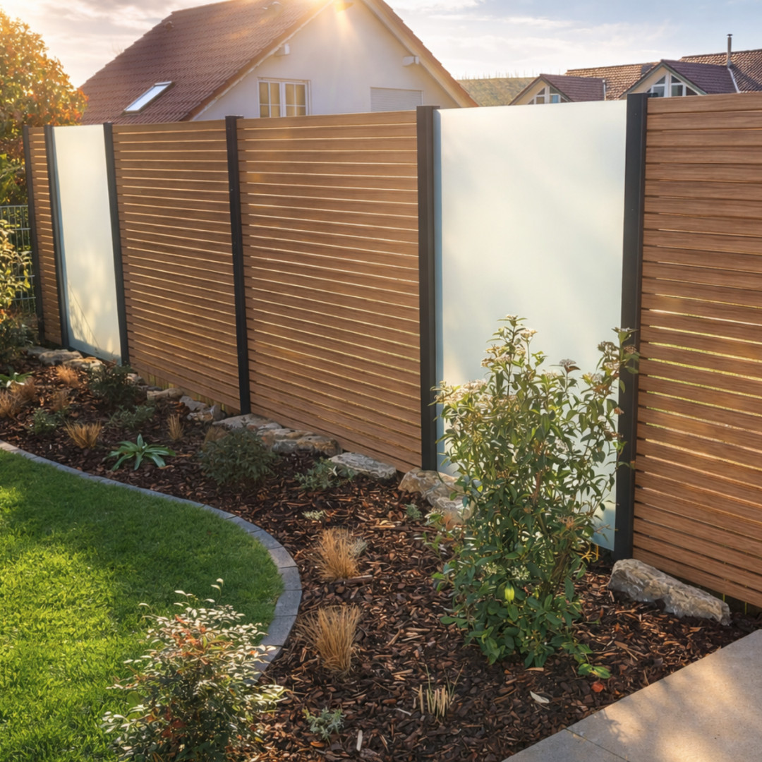 Rhombus-Sichtschutz-Kombination mit warmer Gartenstimmung Moderner Sichtschutz aus Holz und hellen Elementen mit geschwungenem Pflanzbeet, Rasenfläche und Abendsonne