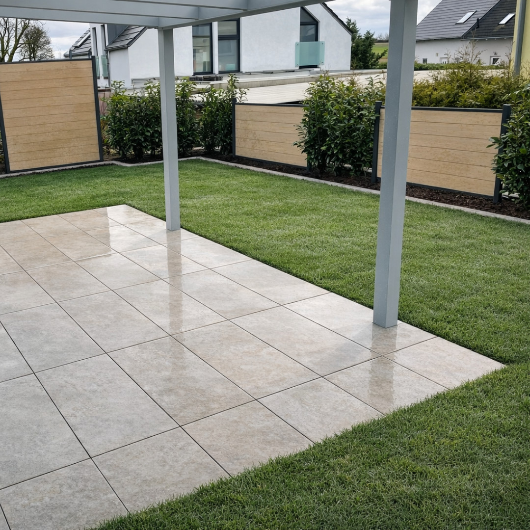 Neuanlage mit Terrasse, Rollrasen, Sichstchutz und Bepflanzung Terrasse und Sichtschutz Überdachte Terrasse mit hellen Platten, Rasenfläche, Holzsichtschutz und Heckenbepflanzung im modernen Garten